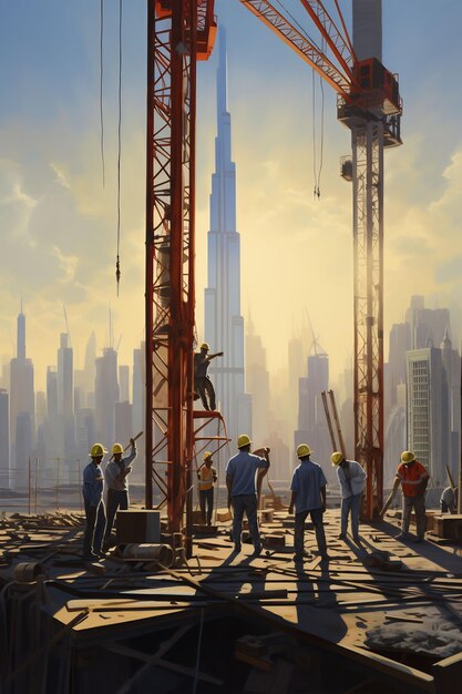 a painting of construction workers working on a building site