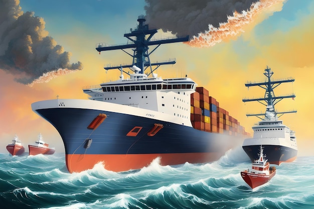 A painting of a container ship and a fireball