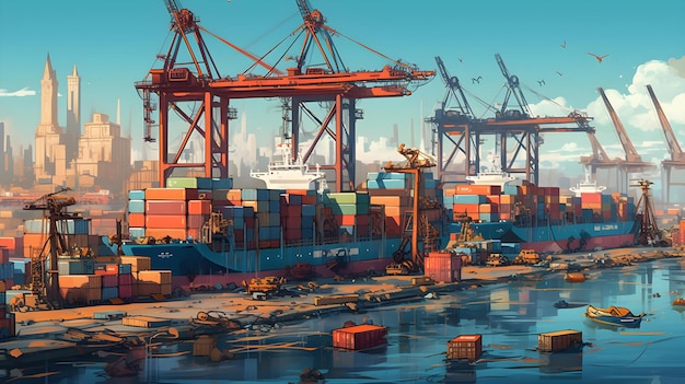 A painting of containers in a harbor with a blue sky and the words " shipping " on the top.