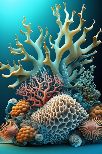 A painting of a coral reef with a blue background.