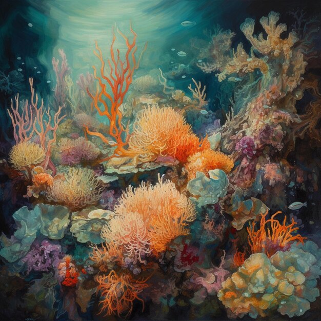 Painting of a coral reef with corals and other marine life generative ai