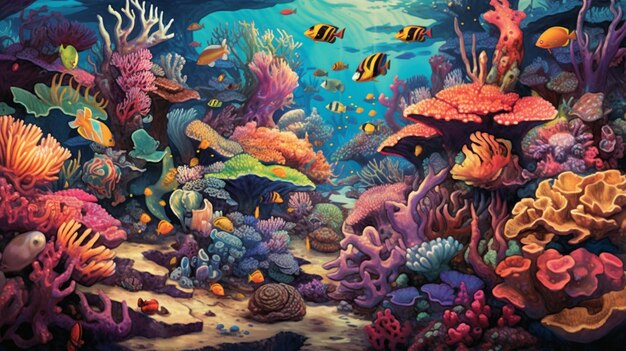 painting of a coral reef with fish and corals generative ai