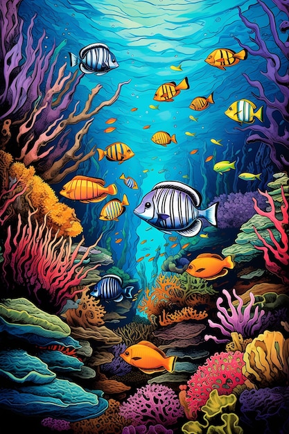 a painting of a coral reef with fish and corals