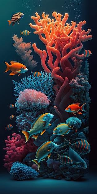 A painting of a coral reef with fish and a fish on it.