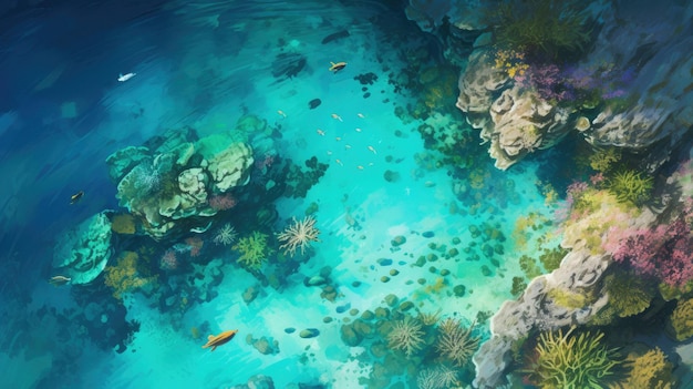 A painting of a coral reef with a fish swimming in it