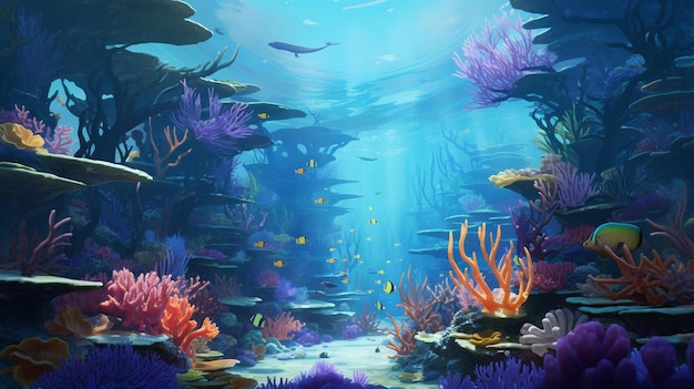 a painting of a coral reef with fish swimming under it.