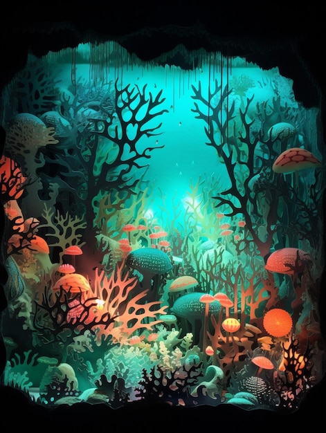 A painting of a coral reef with a fish swimming in it.