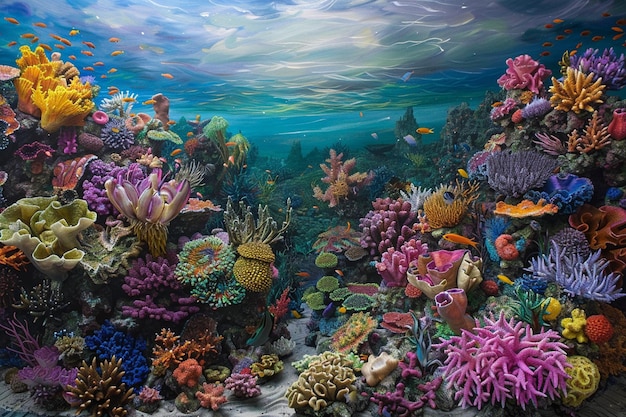 輝く高品質な 色鮮やかなサンゴやイソギンチャクが海の中にある生成AI 絵画