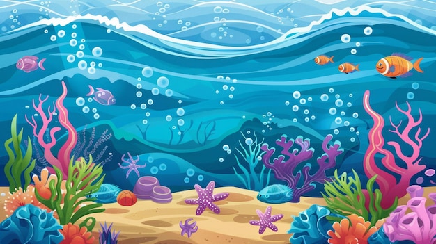 a painting of a coral reef with a picture of a fish and the ocean