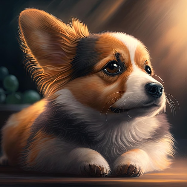 A painting of a corgi dog with a dark background.