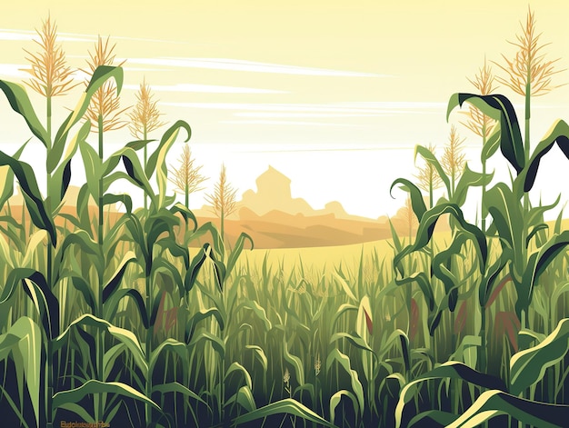 A painting of a corn field with a castle in the background.