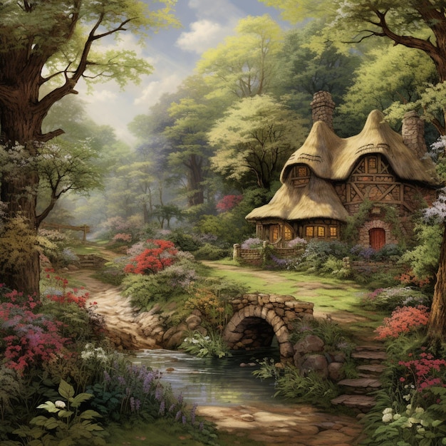 Painting of a cottage in a forest with a stream running through it generative ai