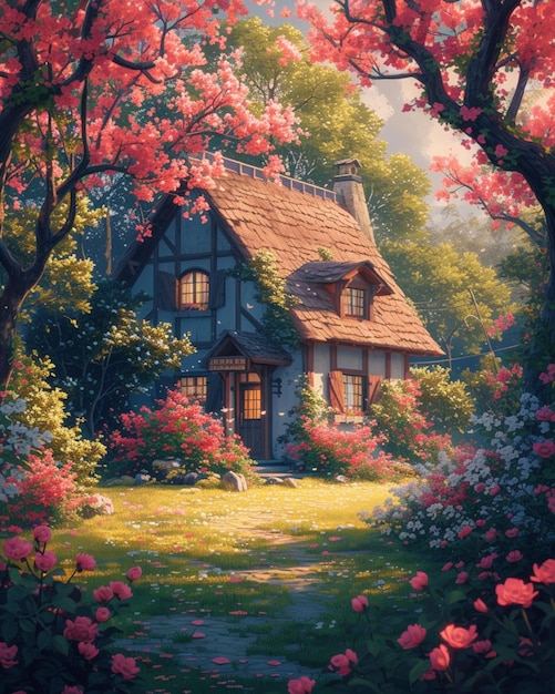 Картина коттеджа в саду с цветами и деревьями