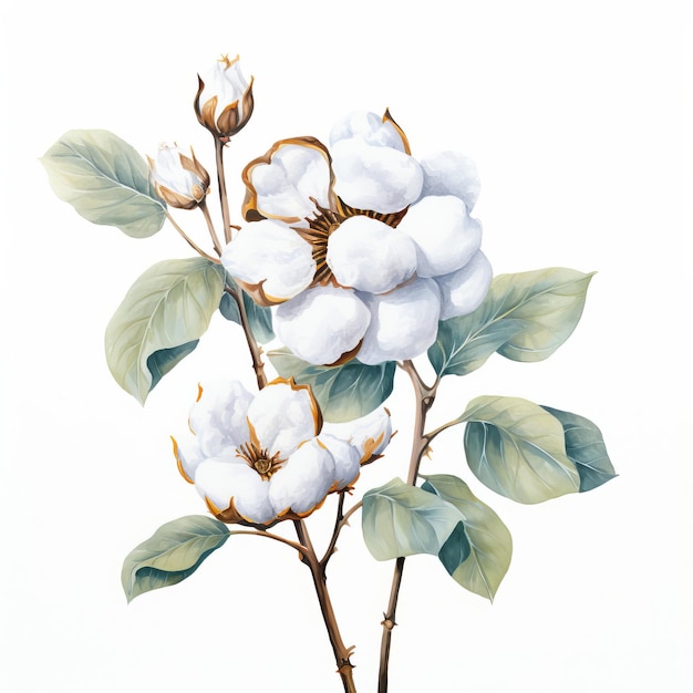 A painting of cotton flowers with green leaves