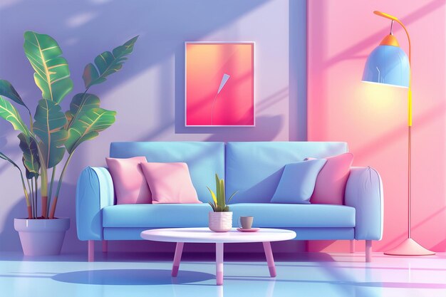 a painting of a couch and a table with a plant in the corner