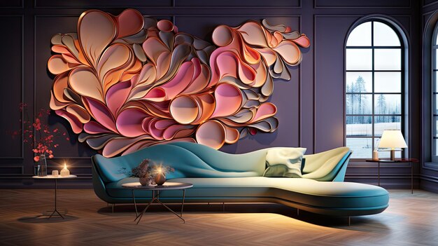 a painting of a couch with a light on it