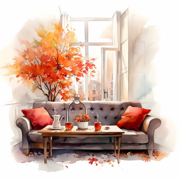 a painting of a couch with a red and orange tree in the background