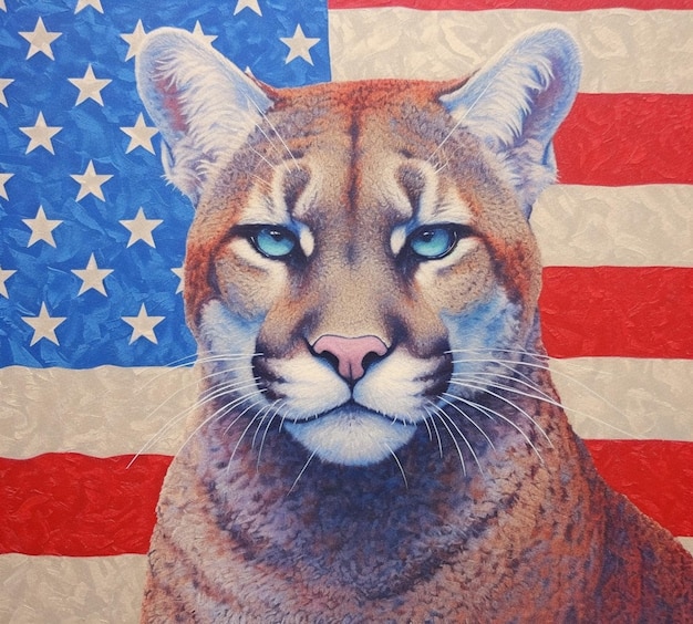 Painting of a cougar with a flag in the background generative ai