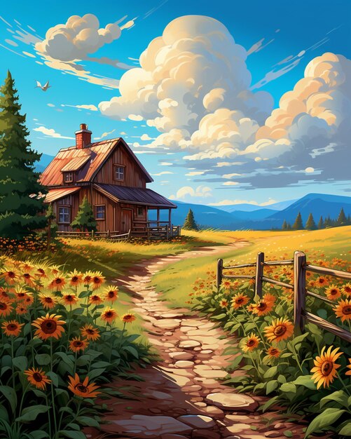 Foto pittura di una casa di campagna in paese con girasoli generativo ai