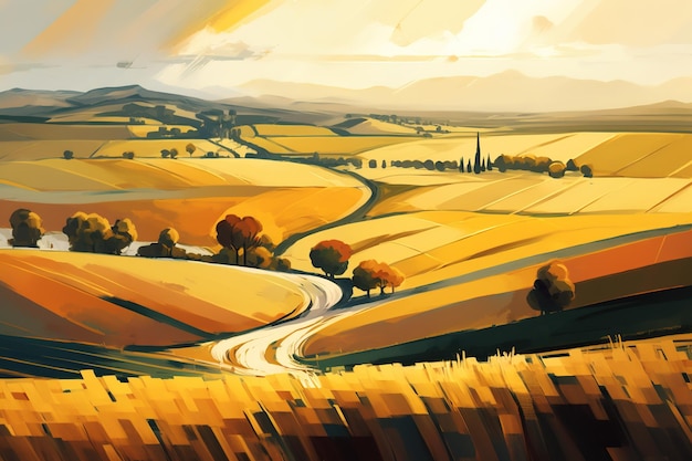 A painting of a country road in the countryside.