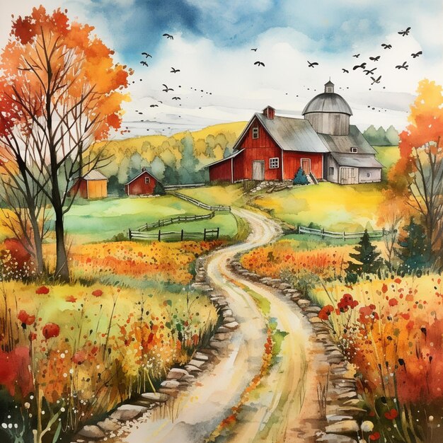 Painting of a country road leading to a barn and a barn generative ai