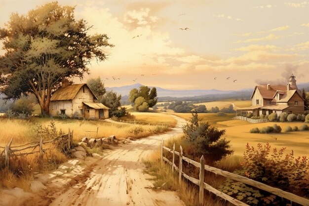 Photo painting of a country road leading to a farm with a barn and a barn generative ai