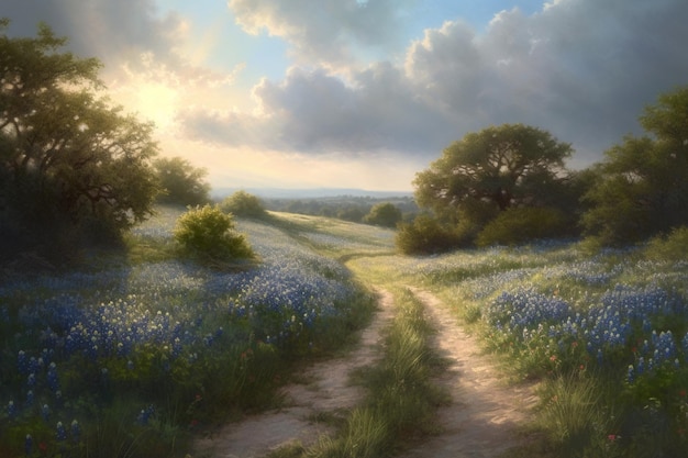 A painting of a country road with blue flowers.