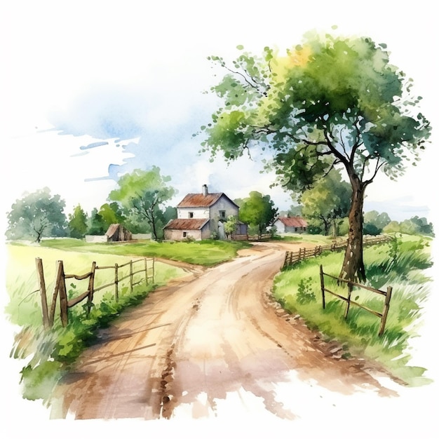 painting of a country road with a farm and a tree generative ai