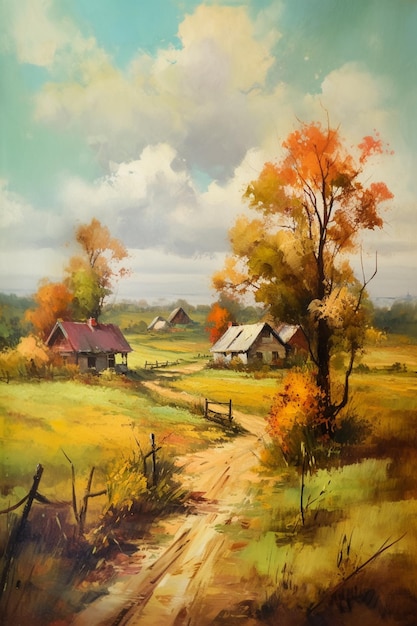 A painting of a country road with a field and trees in the background.