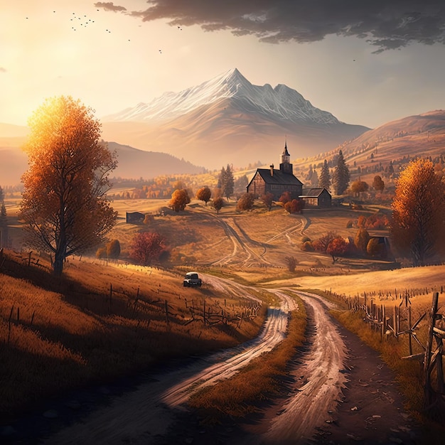 A painting of a country road with a mountain in the background.