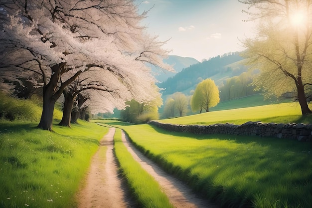 a painting of a country road with a tree in bloom