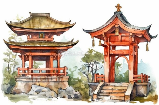 Photo a painting of a couple of asian buildings with a stone pathway generative ai