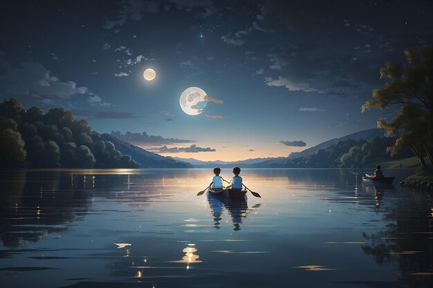 A painting of a couple in a boat on a lake with a sunset in the background