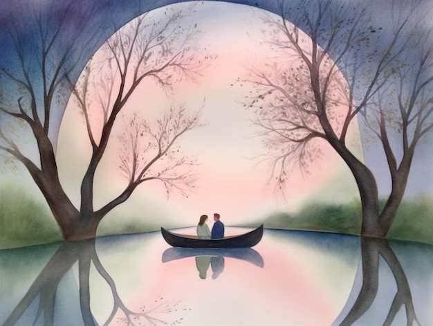 Photo a painting of a couple in a boat on a lake