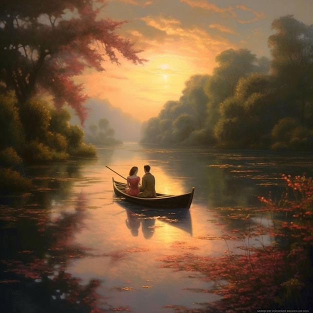 A painting of a couple in a boat on a lake