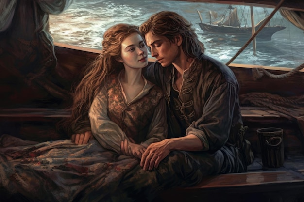 A painting of a couple in a boat with the title'the last kingdom '
