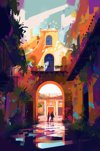 A painting of a couple under a building that says " san miguel ".