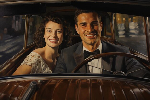 Photo a painting of a couple in a car with the words  the bride  on it