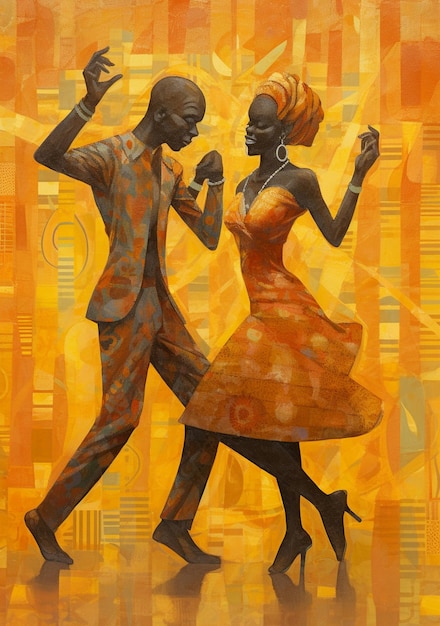 a painting of a couple dancing in front of a yellow background.