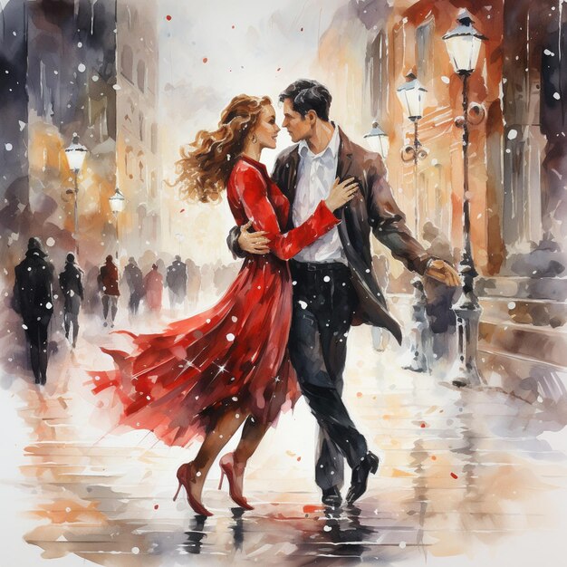 Foto dipinto di una coppia che balla sotto la pioggia in una città generativa ai
