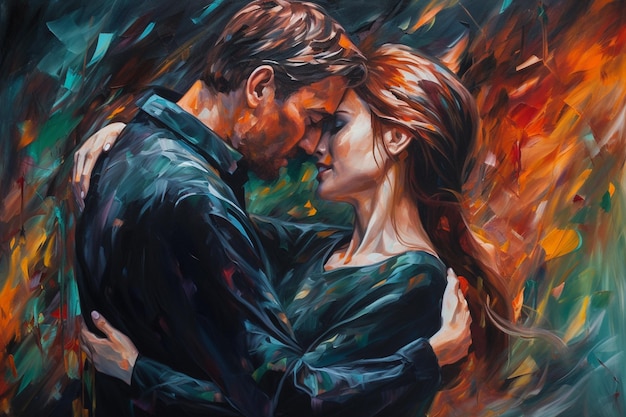 A painting of a couple embracing in the rain