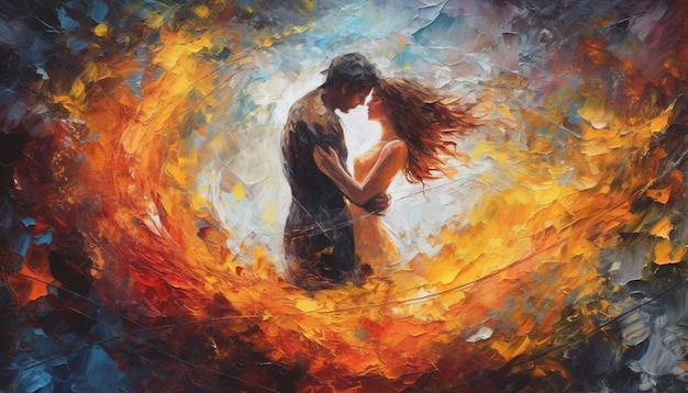 Painting of a couple embracing in a swirling circle generative ai