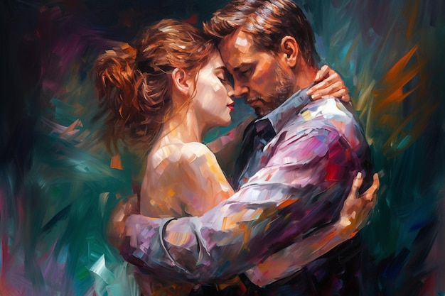 A painting of a couple embracing