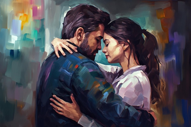 A painting of a couple embracing