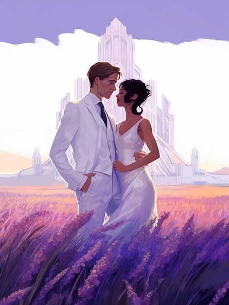 Painting of a couple in a field of lavenders in front of a castle generative ai