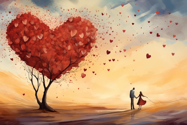 a painting of a couple and a heart with a tree with hearts in the background.