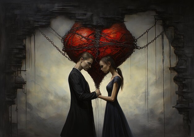 Photo a painting of a couple and a heart with the words  love  on it