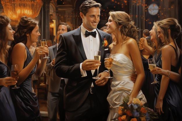 A painting of a couple holding champagne glasses.