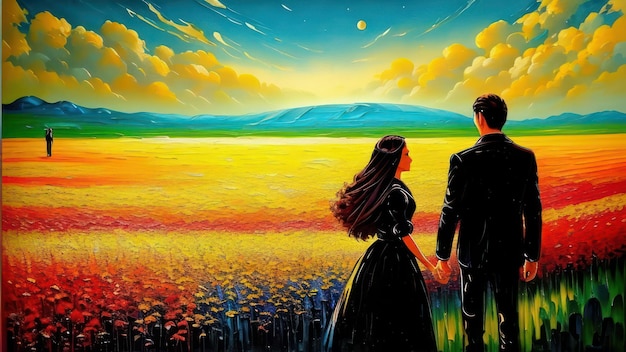 A painting of a couple holding hands and looking at a field of flowers.