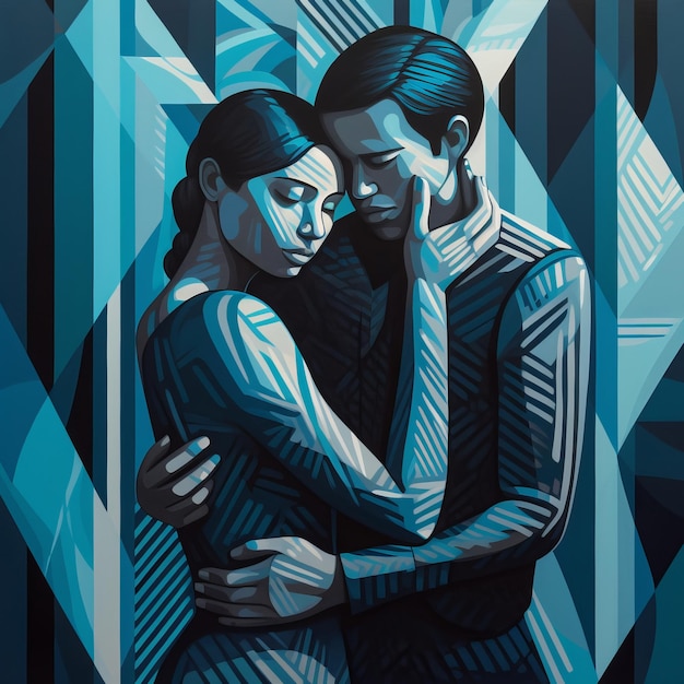 A painting of a couple hugging in blue and black